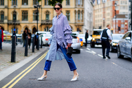 atmosphere details, black bag, blue denim, céline, denim pants, fashion week, frenchystyle, full length, FW, graphic dress, high heels, horizontal, jeans, jonathan paciullo, leather bag, leather shoes, LFW, LONDON, printed dress, ruffles, shirt dress, SPRING SUMMER 2018, SS 18, street style, striped dress, trousers, white shoes