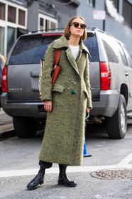 animal print, AUTUMN WINTER 2016-2017, AW 16-17, balenciaga, black boots, brooch, céline, fashion week, frenchystyle, full length, FW, FW 16-17, green coat, jonathan paciullo, kaki coat, leather bag, leather boots, long coat, NEW YORK, NYFW, red bag, safety pin, street style, sunglasses, vertical, woman, zebra