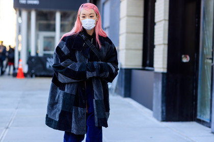 black jacket, blue pants, checked, corduroy, dyed hair, leather jacket, patchwork, pink hair, plaid, trousers, street style, jonathan paciullo, FW, frenchystyle, fashion week, NYFW, NEW YORK, AUTUMN WINTER 2018-2019, AW 18-19, FALL WINTER 2018-2019, FW 18-19, atmosphere details, horizontal, detail, model, Fernanda Hin Lin Ly