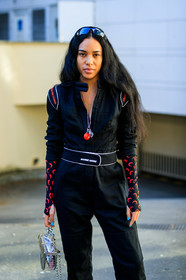 aleali may, black jumpsuit, graphic bag, leather bag, marine serre, printed bag, sunglasses, transparent bag, trousers, fashion week, frenchystyle, FW, jonathan paciullo, street style, PFW, PARIS, AUTUMN WINTER 2019-2020, AW 19-20, FALL WINTER 2019-2020, FW 19-20, vertical, atmosphere details, detail
