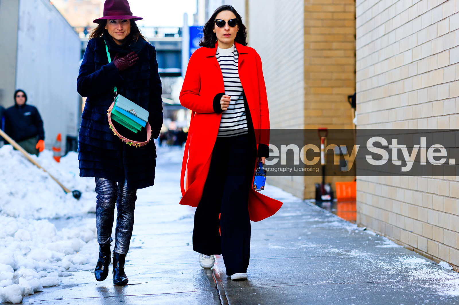 atmosphere details, AUTUMN WINTER 2017-2018, AW 17-18, black boots, black coat, black pants, blue bag, bordeaux, burgundy, FALL WINTER 2017-2018, fashion week, frenchystyle, full length, FW, FW 17-18, green bag, horizontal, jonathan paciullo, leather bag, louis vuitton, NEW YORK, NYFW, red coat, red hat, street style, striped sweater, sunglasses, trousers, white sneakers, white sweater