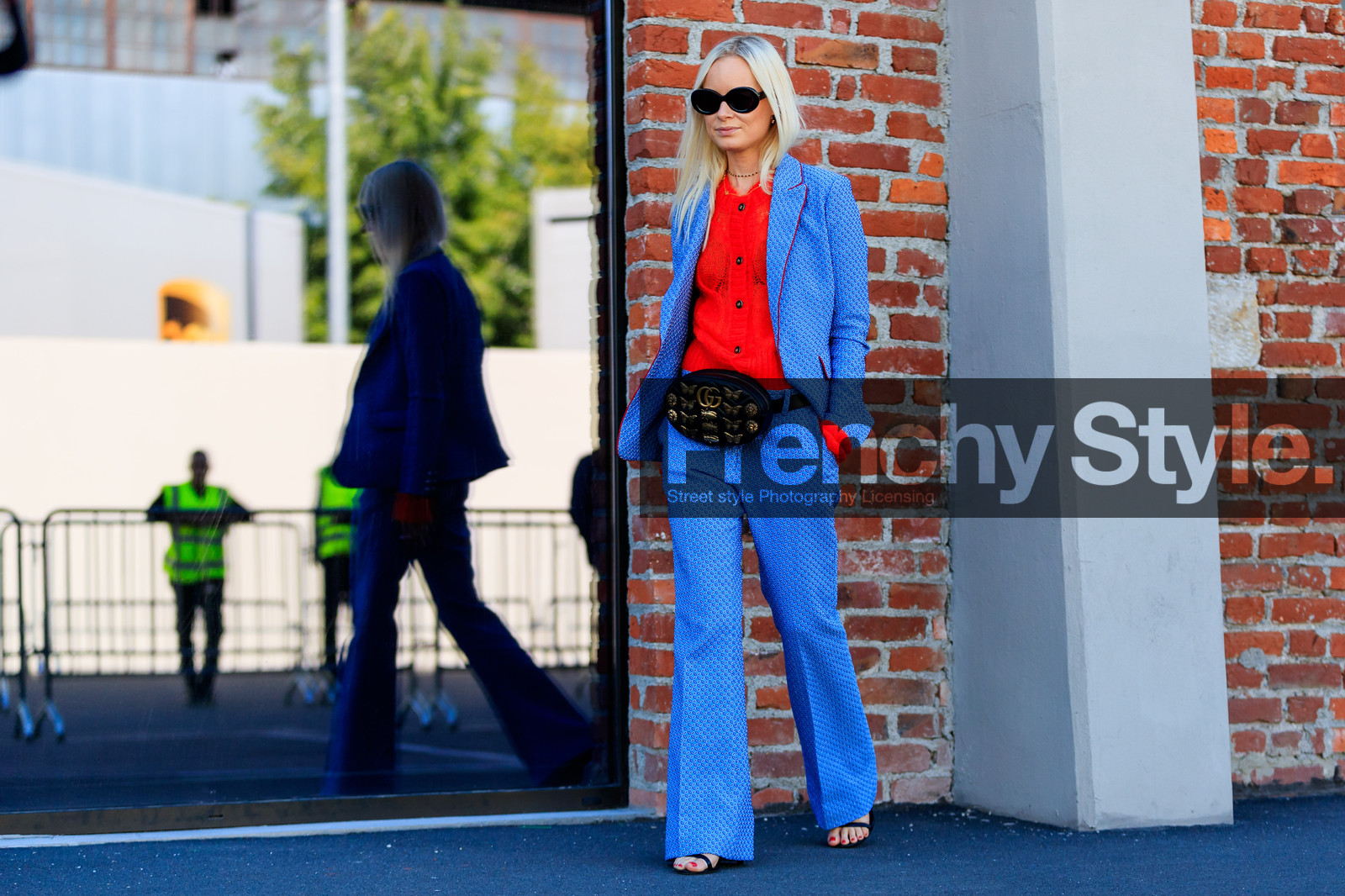 atmosphere details, black bag, black shoes, blazer, blue jacket, blue pants, blue suit, embroidered bag, fanny pack, fashion week, frenchystyle, full length, FW, graphic bag, graphic jacket, graphic pants, graphic suit, gucci, high heels, horizontal, jonathan paciullo, leather bag, leather shoes, MFW, MILAN, printed bag, printed jacket, printed pants, printed suit, red sweater, SPRING SUMMER 2018, SS 18, street style, sunglasses, thora valdimars, trousers