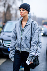 black bag, black beanie, black pants, bomber jacket, céline, grey jacket, leather bag, trousers, zip, fashion week, frenchystyle, FW, jonathan paciullo, street style, PFW, PARIS, SPRING SUMMER 2017, SS 17, HAUTE COUTURE, vertical, detail, lexi boling, model
