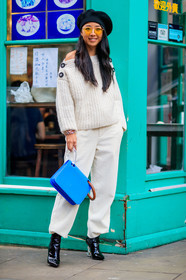 beret, black hat, black shoes, blue bag, corduroy, fashion week, frenchystyle, full length, FW, graphic bag, high heels, jonathan paciullo, leather bag, leather shoes, LFW, LONDON, saint laurent paris, SPRING SUMMER 2018, SS 18, street style, trousers, varnished leather shoes, vertical, white pants, white sweater, yuwei zhangzou, yuyu zhangzou
