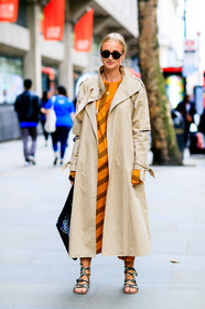 beige coat, black bag, black sandals, graphic dress, leather bag, leather shoes, orange dress, printed dress, striped dress, sunglasses, fashion week, frenchystyle, FW, jonathan paciullo, street style, LFW, LONDON, SPRING SUMMER 2019, SS 19, vertical, full length