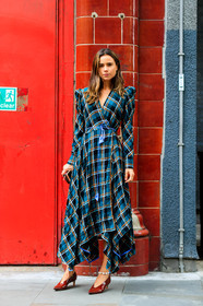 blue dress, bordeaux, burgundy, checked, florrie thomas, graphic dress, leather shoes, plaid, printed dress, red shoes, tartan, fashion week, frenchystyle, FW, jonathan paciullo, street style, LFW, LONDON, SPRING SUMMER 2019, SS 19, vertical, full length