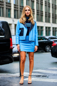 AUTUMN WINTER 2016-2017, AW 16-17, black sandals, black shoes, black sweater, blue jacket, blue skirt, chiara ferragni, FALL WINTER 2016-2017, fashion week, frenchystyle, full length, FW, FW 16-17, graphic sweater, HAUTE COUTURE, high heels, jonathan paciullo, leather jacket, leather perfecto, leather shoes, leather skirt, MENSWEAR, mini skirt, PARIS, PFW, street style, striped sweater, stripes, tone on tone, total look blue, versace, vertical