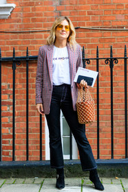 black denim, black shoes, blazer, brown bag, checked jacket, denim pants, fashion week, frenchystyle, full length, FW, graphic jacket, high heels, jeans, jonathan paciullo, leather bag, leather shoes, LFW, LONDON, net shopper, plaid, printed jacket, SPRING SUMMER 2018, SS 18, street style, trousers, vertical, white t shirt