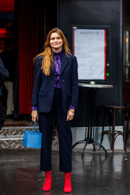 bag, blazer, blue bag, boots, Eugénie Trochu, navy blazer, navy pants, pants, printed turtleneck, purple turtleneck, red boots, striped blazer, striped pants, stripes, suits, turtleneck, fashion week, frenchystyle, FW, jonathan paciullo, street style, PFW, PARIS, SPRING SUMMER 2022, SS 22, vertical, full length
