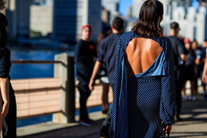 atmosphere details, back detail, blue dress, detail, fashion week, frenchystyle, FW, horizontal, jonathan paciullo, NEW YORK, NYFW, open back, openwork, polka dot, printed dress, SPRING SUMMER 2017, SS 17, street style, woman