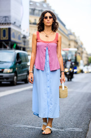 basket, blue dress, leather bag, leather shoes, pink top, sunglasses, white sandals, white shoes, fashion week, frenchystyle, FW, jonathan paciullo, street style, PFW, PARIS, vertical, full length, AUTUMN WINTER 2018-2019, FALL WINTER 2018-2019, FW 18-19, deborah reyner sebag