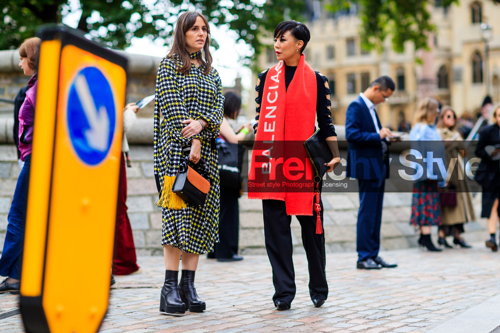 atmosphere details, balenciaga, black bag, black pants, black shoes, black top, checked dress, fashion week, frenchystyle, full length, FW, graphic dress, high heels, horizontal, jonathan paciullo, leather bag, leather shoes, LFW, LONDON, plaid, printed dress, printed scarf, red scarf, SPRING SUMMER 2018, SS 18, street style