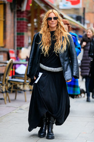 blanca miro scrimieri, black leather jacket, black dress, black leather boots, black sunglasses, strassed belt, strassed sunglasses, satin dress, long dress, pleated dress, asymetrical dress, flat boots, fashion week, frenchystyle, FW, jonathan paciullo, street style, LFW, LONDON, AUTUMN WINTER 2020-2021, FALL WINTER 2020-2021, FW 20-21, vertical, full length