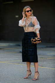 lisa aiken, rayban sunglasses, brown scale sunglasses, sheer shirt, nude shirt, black bra, black skirt, multi pocket skirt, button skirt, balloon sleeves, animal printed bag, fur bag, hand bag, mid long skirt, animal print sandals, fur sandals, hermes watch, fashion week, frenchystyle, FW, jonathan paciullo, street style, vertical, full length
