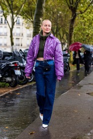 belt bag, blue denim, blue jeans, chanel bag, chanel belt, denim, heels, jeans, khaki turtleneck, puffer, purple puffer, Thora Valdimars, turlteneck, white heels, fashion week, frenchystyle, FW, jonathan paciullo, street style, PFW, PARIS, SPRING SUMMER 2022, SS 22, vertical, full length