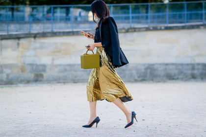 atmosphere details, black jacket, black shoes, blazer, christian louboutin, fashion week, frenchystyle, full length, FW, golden skirt, green bag, high heels, horizontal, jonathan paciullo, leather bag, leather shoes, metallic skirt, over the shoulder, PARIS, PFW, shiny skirt, SPRING SUMMER 2017, SS 17, street style