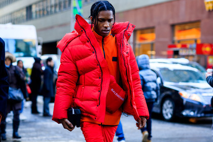 asap rocky, atmosphere details, AUTUMN WINTER 2017-2018, AW 17-18, balenciaga, detail, down jacket, FALL WINTER 2017-2018, fashion week, frenchystyle, FW, FW 17-18, horizontal, jonathan paciullo, NEW YORK, NYFW, red bag, red jacket, red pants, red sweater, street style, tone on tone, total look red, trousers
