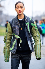 black denim, black jacket, black pants, black sweater, denim jacket, denim pants, green jacket, jeans, trousers, fashion week, frenchystyle, FW, jonathan paciullo, street style, PFW, PARIS, SPRING SUMMER 2017, SS 17, HAUTE COUTURE, vertical, detail, model