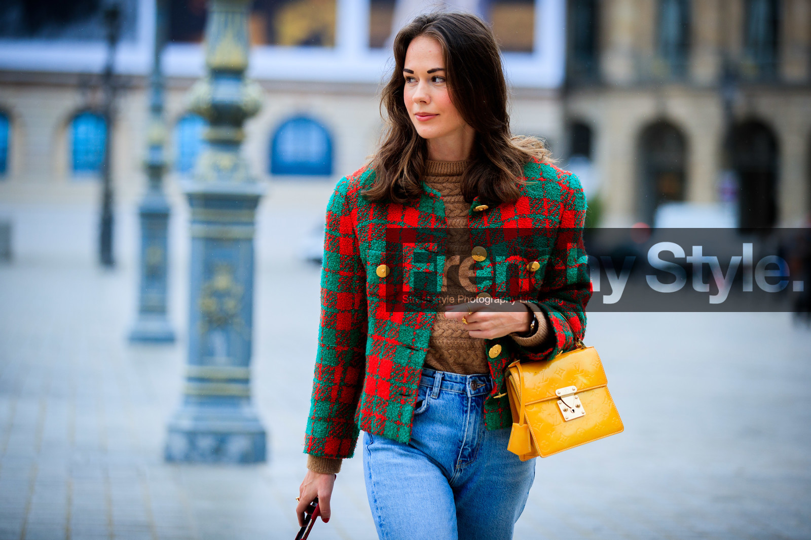 therese hellstrom, checked jacket, red jacket, green jacket, denim, light blue jeans, used jeans, flare jeans, yellow bag, polish bag, monogrammed bag, hand bag, louis vuitton bag, camel pullover, fashion week, frenchystyle, FW, jonathan paciullo, street style, PFW, PARIS, SPRING SUMMER 2021, SS 21, horizontal, atmosphere details, detail