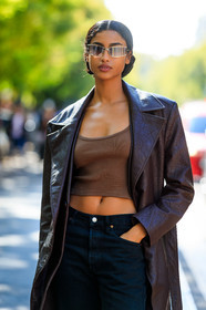 brown top, brown leather coat, brown leather jacket, long jacket, cropped top, black jeans, black leather sneakers, futurist shape sunglasses, metalic frame sunglasses, imaan hamman, fashion week, frenchystyle, FW, jonathan paciullo, street style, MFW, MILAN, SPRING SUMMER 2021, SS 21, vertical, detail, model
