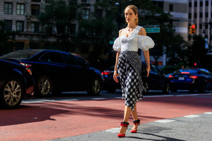 black and white, black bag, bustier top, checked, gingham, graphic skirt, high heels, leather bag, leather shoes, necklace, one shoulder, plaid, printed skirt, red shoes, sofia sanchez barrenechea, sofia sanchez de betak, white top, fashion week, frenchystyle, FW, jonathan paciullo, street style, NEW YORK, NYFW, SPRING SUMMER 2020, SS 20, horizontal, atmosphere details, full length