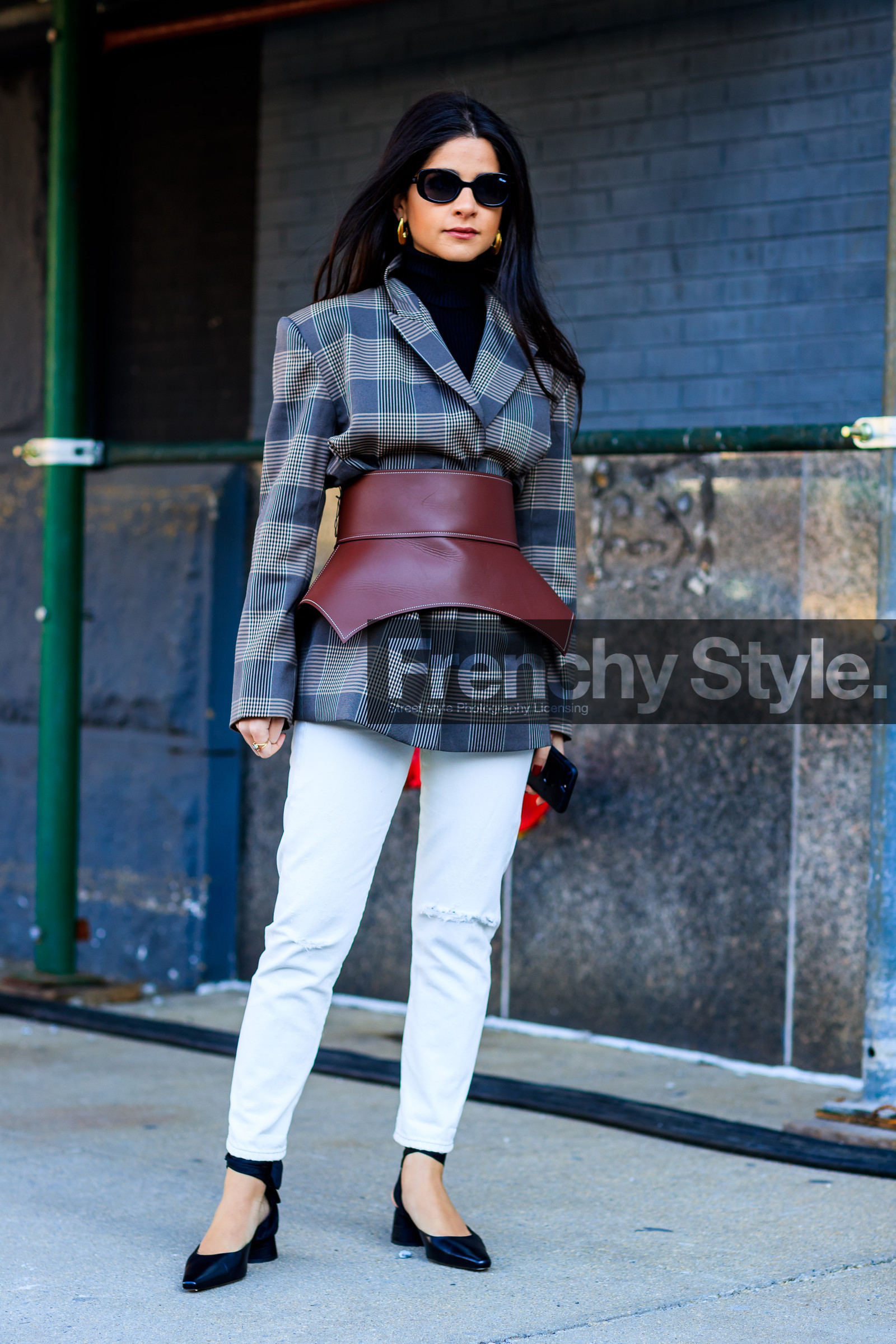 black shoes, black turtleneck, brown belt, checked, checked jacket, graphic jacket, grey jacket, high heels, leather belt, leather shoes, loewe, plaid, printed jacket, sunglasses, tartan, trousers, white pant, street style, jonathan paciullo, FW, frenchystyle, fashion week, NYFW, NEW YORK, AUTUMN WINTER 2018-2019, AW 18-19, FALL WINTER 2018-2019, FW 18-19, vertical, full length, Lainy Hedaya