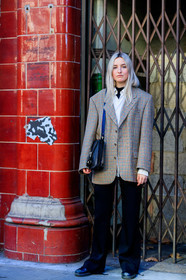 beige jacket, black bag, black pants, black shoes, blazer, checked, graphic jacket, houndstooth pattern, leather bag, leather shoes, plaid, printed jacket, trousers, white shirt, fashion week, frenchystyle, FW, jonathan paciullo, street style, LFW, LONDON, AUTUMN WINTER 2019-2020, AW 19-20, FW 19-20, FALL WINTER 2019-2020, vertical, full length