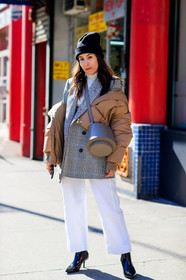 beige bag, beige jacket, black beanie, black shoes, blazer, checked, checked jacket, down jacket, graphic jacket, grey jacket, high heels, leather bag, leather shoes, off the shoulder, plaid, printed jacket, tartan, trousers, varnished leather shoes, white pants, white top, street style, jonathan paciullo, FW, frenchystyle, fashion week, NYFW, NEW YORK, AUTUMN WINTER 2018-2019, AW 18-19, FALL WINTER 2018-2019, FW 18-19, vertical, full length