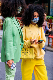 yellow pants, yellow suits, yellow hoodie, yellow bag, tote bag, shopping bag, letter printed bag, hand bag, prada bag, green jacket, green pants, green suits, light green jacket, light green pants, light green suit, mask detail, fashion week, frenchystyle, FW, jonathan paciullo, street style, PFW, PARIS, SPRING SUMMER 2022, SS 22, vertical, atmosphere details, detail