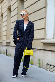 white sunglasses, big sunglasses, celine sunglasses, hoop earrings, golden earrings, overshirt jacket, oversize pants, oversize suits, striped jacket, striped look, striped pants, striped suits, yellow leather bag, hand bag, balenciaga bag, balenciaga jacket, balenciaga total look, balenciaga pants, balenciaga shoes, white leather shoes, white leather pumps, sharp end shoes, square shape glasses, justyna czerniak, fashion week, frenchystyle, FW, jonathan paciullo, street style, PFW, PARIS, AUTUMN WINTER 2021-2022, FALL WINTER 2021-2022, FW 21-22, vertical, full length