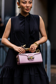 bag, black dress, boots, bra, bun, close up, croco boots, detail, dress, gold bracelet, gold hoops, hairstyle, hoops, Jessica Wang, lanvin bag, leather bag, pink bag, pleated dress, ring, ruffles dress, fashion week, frenchystyle, FW, jonathan paciullo, street style, PFW, PARIS, SPRING SUMMER 2022, SS 22, vertical, atmosphere details