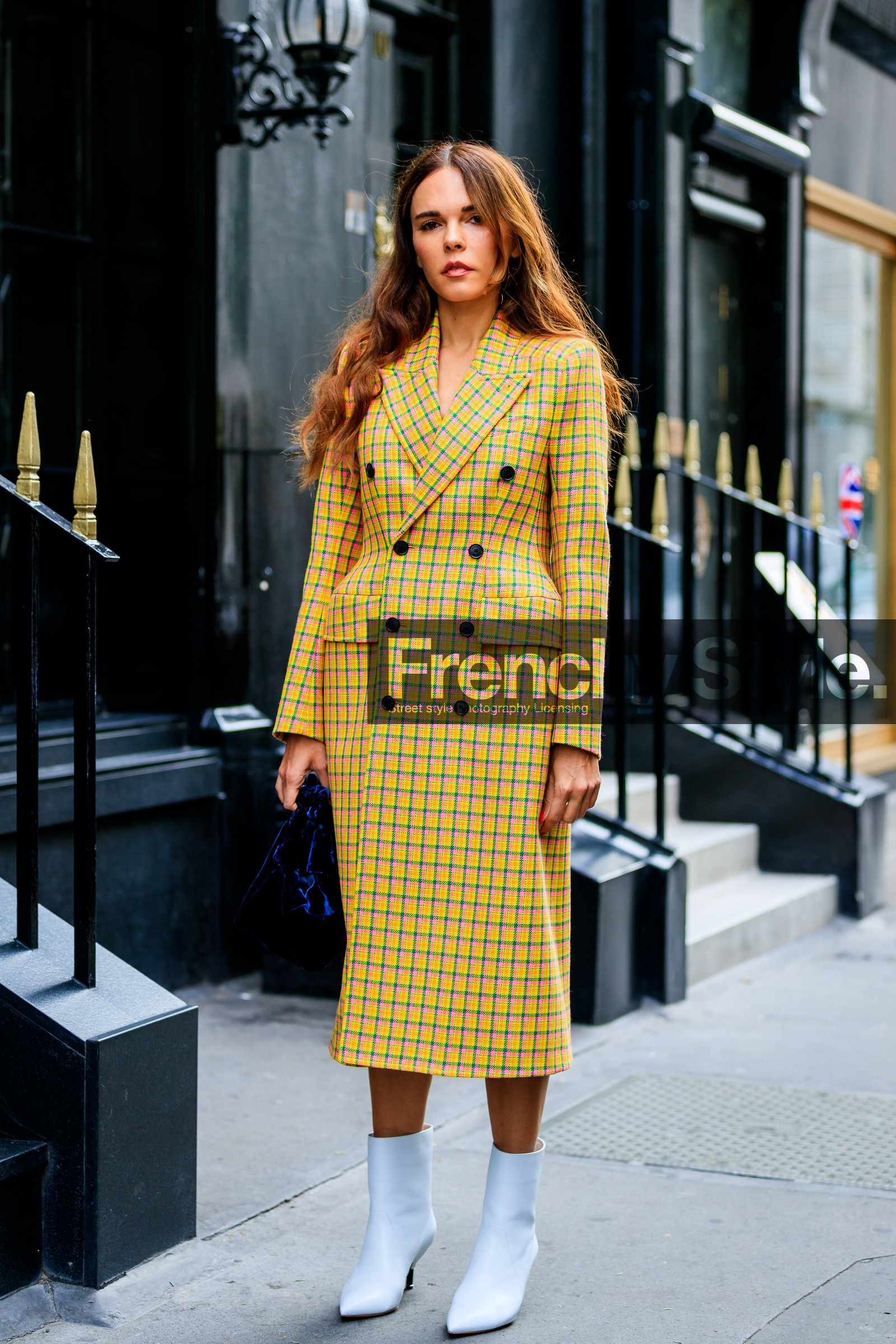 balenciaga, black bag, checked, evangelie smyrniotaki, graphic jacket, high heels, leather bag, leather shoes, plaid, printed coat, printed jacket, white boots, yellow coat, fashion week, frenchystyle, FW, jonathan paciullo, street style, LFW, LONDON, SPRING SUMMER 2019, SS 19, vertical, full length