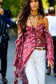 brown belt, chiara totire, cold shoulders, floral, flowers, graphic pants, hippie, leather belt, necklace, printed pants, printed top, red top, striped pants, trousers, white pants, street style, jonathan paciullo, FW, frenchystyle, fashion week, MFW, MILAN, SPRING SUMMER 2019, SS 19, vertical, atmosphere details, detail
