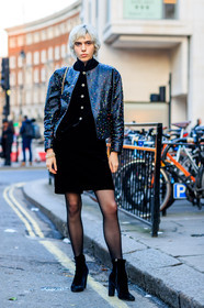 AUTUMN WINTER 2017-2018, AW 17-18, black boots, black dress, black jacket, black shoes, FALL WINTER 2017-2018, fashion week, frenchystyle, full length, FW, FW 17-18, high heels, jonathan paciullo, leather jacket, leather shoes, LFW, LONDON, model, polka dot, street style, velvet, vertical