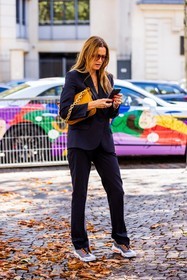 aviator sunglasses, bag, blazer, chain gold, grey sneakers, navy blazer, navy pants, navy suits, ochre bag, orange bag, pants, smartphone, sneakers, stripes, stripes blazer, suits, sunglasses, tortoise sunglasses, fashion week, frenchystyle, FW, jonathan paciullo, street style, PFW, PARIS, SPRING SUMMER 2022, SS 22, vertical, full length