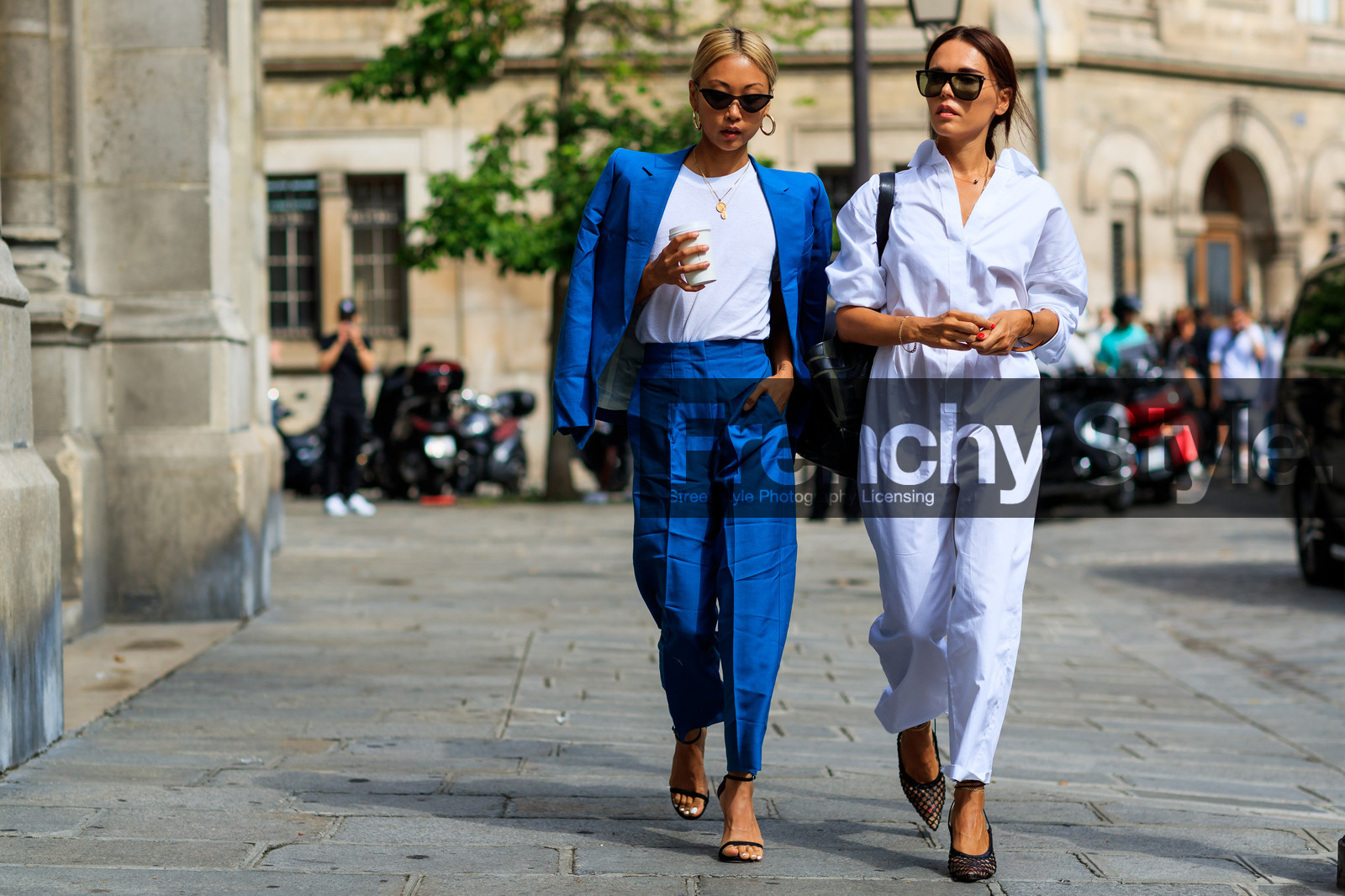 black bag, black shoes, blazer, blue jacket, blue pants, blue suit, high heels, leather bag, leather shoes, necklace, over the shoulder, sunglasses, trousers, white pant, white pants, white shirt, white t shirt, PFW, fashion week, frenchystyle, FW, jonathan paciullo, street style, PARIS, horizontal, atmosphere details, full length, AUTUMN WINTER 2018-2019, FALL WINTER 2018-2019, FW 18-19, vanessa hong, evangelie smyrniotaki