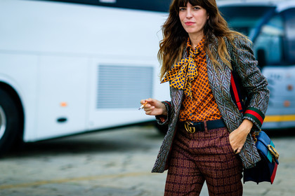 atmosphere details, black belt, blazer, bow collar, brown pants, checked pants, detail, fashion week, frenchystyle, FW, graphic bag, grey, grey jacket, gucci, horizontal, jonathan paciullo, leather bag, leather belt, lou douillon, MFW, MILAN, orange, orange shirt, printed bag, printed jacket, printed shirt, purple, SPRING SUMMER 2017, SS 17, street style, trousers