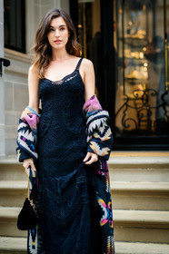 black bag, black dress, graphic jacket, leather bag, multicolor jacket, off the shoulder, patchwork, printed jacket, ralph lauren, frenchystyle, jonathan paciullo, street style, NYFW, NEW YORK, AUTUMN WINTER 2019-2020, AW 19-20, FALL WINTER 2019-2020, FW 19-20, fashion week, FW, vertical, atmosphere details, detail