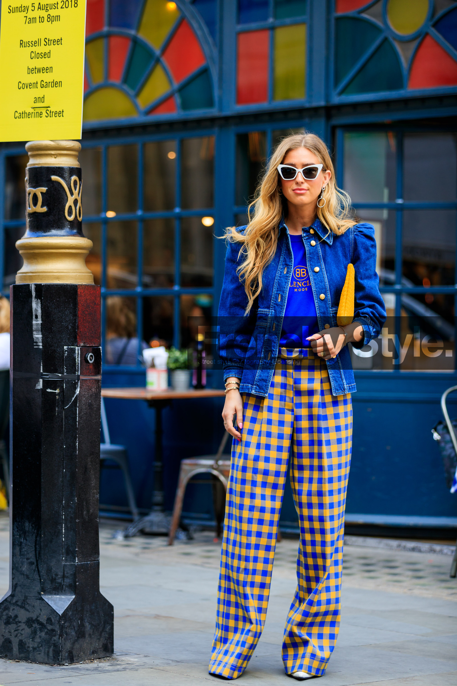 balenciaga, blue denim, blue t shirt, checked, denim jacket, emili sindlev, graphic pants, leather bag, plaid, printed pants, sunglasses, trousers, wide pant, yellow bag, yellow pants, fashion week, frenchystyle, FW, jonathan paciullo, street style, LFW, LONDON, SPRING SUMMER 2019, SS 19, vertical, full length