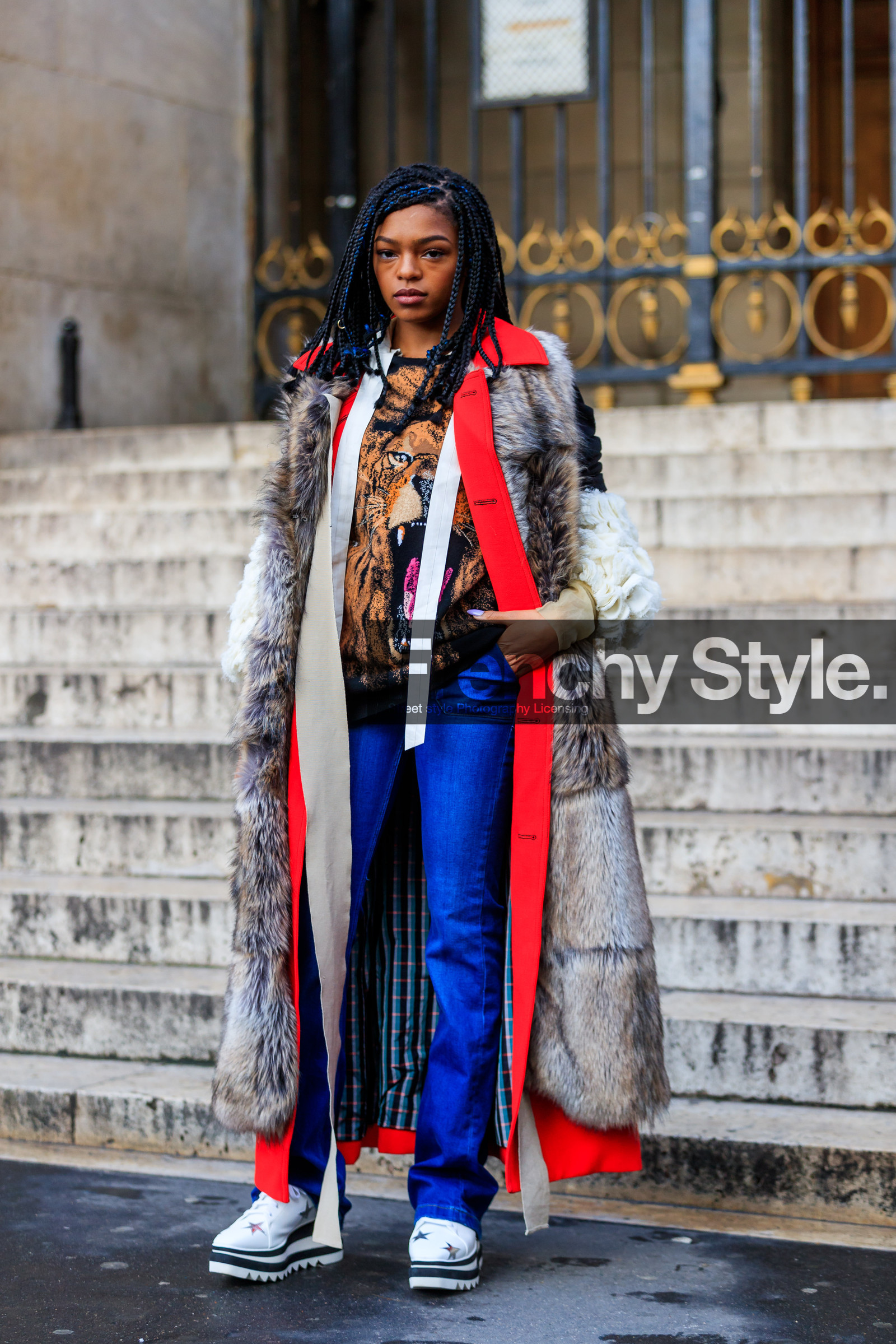 animal print, blue denim, braids, denim pants, Fur coat, graphic jacket, jeans, leather shoes, natural fur, printed jacket, printed sweater, stella mccartney, trousers, white shoes, street style, jonathan paciullo, FW, frenchystyle, fashion week, PFW, PARIS, AUTUMN WINTER 2018-2019, FALL WINTER 2018-2019, FW 18-19, vertical, full length, selah marley