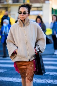 beige jacket; knitted jacket; black sunglasses; english broderies skirt; brown skirt; leather jacket; black handbag; leather handbag