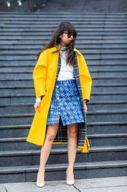 AUTUMN WINTER 2016-2017, AW 16-17, blue skirt, checked skirt, FALL WINTER 2016-2017, fashion week, frenchystyle, full length, FW, FW 16-17, graphic skirt, high heels, jonathan paciullo, leaf greener, leather bag, over the knee skirt, PARIS, PFW, plaid, street style, sunglasses, tartan, turtleneck sweater, vertical, white sweater, yellow bag, yellow coat, yellow jacket