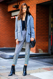 black bag, black shoes, black sweater, blazer, checked jacket, checked pants, checked suit, fashion week, frenchystyle, full length, FW, graphic jacket, graphic pants, graphic suit, grey jacket, grey pants, grey suit, high heels, jonathan paciullo, leather bag, leather shoes, LFW, LONDON, model, plaid, printed jacket, printed pants, printed suit, SPRING SUMMER 2018, SS 18, street style, tartan, trousers, vertical