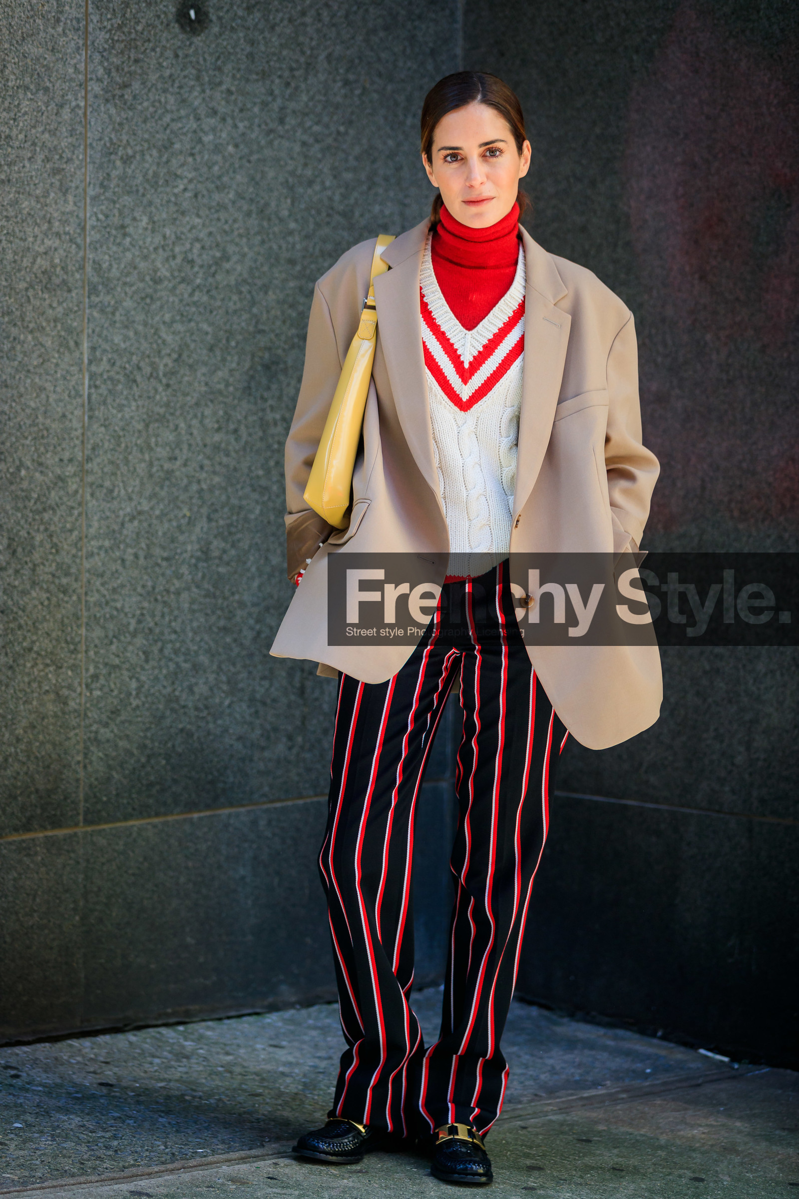 gala gonzalez, beige jacket, white pullover, red pullover, low necked pullover, turtleneck pullover, striped pullover, striped pants, red pants, black pants, yellow leather bag, shoulder bag, fashion week, frenchystyle, FW, jonathan paciullo, street style, NYFW, NEW YORK, AUTUMN WINTER 2020-2021, FALL WINTER 2020-2021, FW 20-21, vertical, full length
