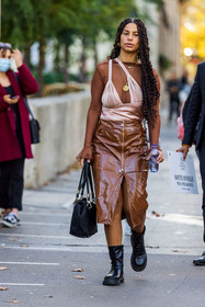 bag, black bag, black boots, brown skirt, brown top, chanel bag, gold necklace, leather boots, necklace, pink top, satin top, skirt, top, transparent top, versace necklace, vinyl skirt, zipped skirt, fashion week, frenchystyle, FW, jonathan paciullo, street style, PFW, PARIS, SPRING SUMMER 2022, SS 22, vertical, full length