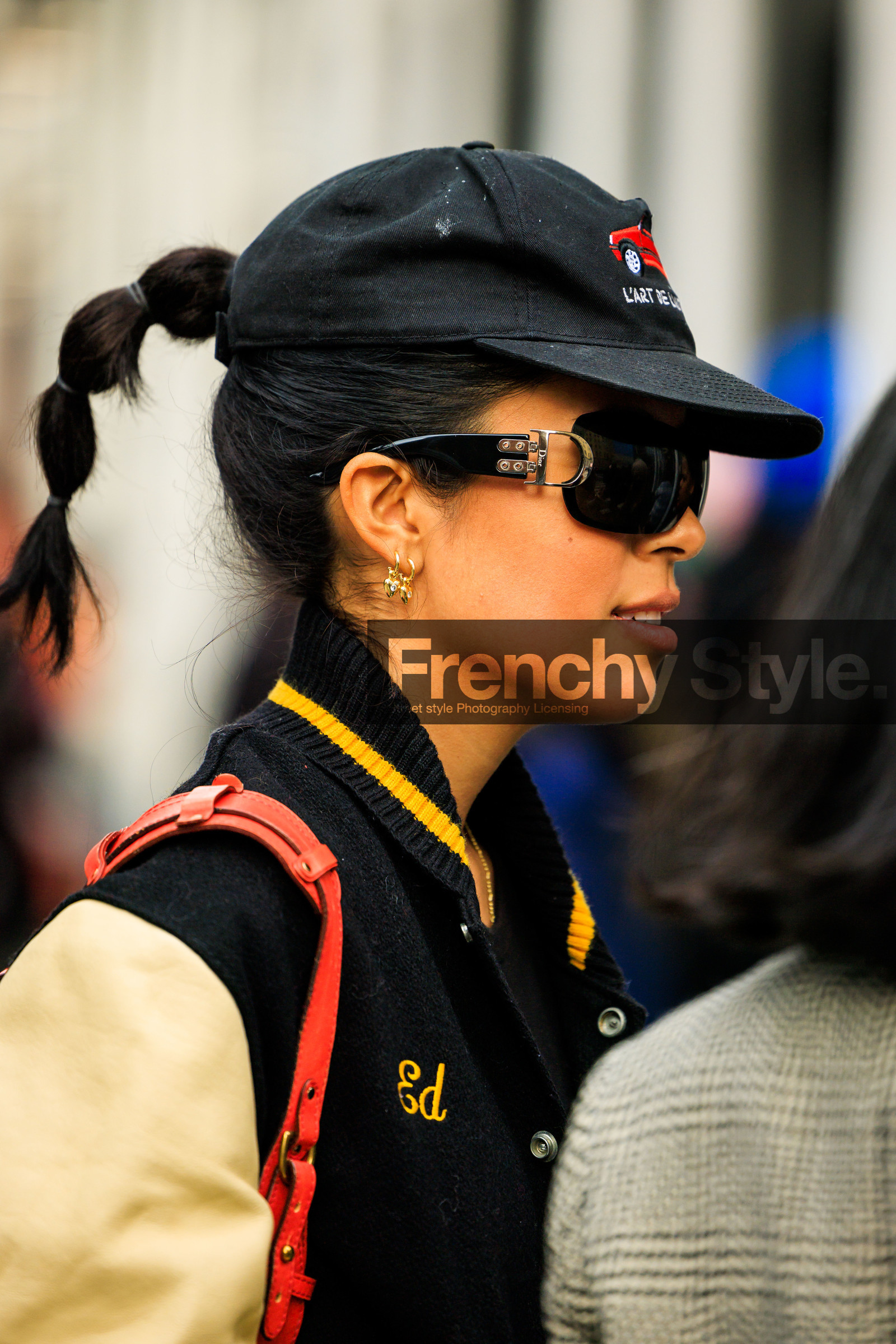 dior sunglasses, baseball jacket, black cap, pony tail, silver earrings, loops, details, close up, street style, jonathan paciullo, FW, frenchystyle, fashion week, NYFW, NEW YORK, AUTUMN WINTER 2022-2023, FALL WINTER 2022_2023, FW 22-23, vertical, atmosphere details