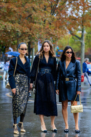 anna rosa vitiello, florrie thomas, bettina looney, chanel total look, chanel shoes, black leather skirt, black jacket, black tights, black sunglasses, chanel bag, chanel sunglasses, chanel skirt, golden skirt, golden bag, golden shoes, high heels shoes, quilted bag, mid long skirt, hoop earrings, golden earrings, monogrammed skirt, black dress, long sleeves dress, low necked dress, black leather belt, black suede shoes, belted dress, big belt, mid long dress, embroidered dress, sequins dress, lurex dress, beige suede shoes, bicolor shoes, chanel belt, chanel dress, shoulder bag, chain strap bag, tweed bag, button dress, black leather jacket, animal skin jacket, jacket dress, belted jacket, black suede slippers, kitten heels slippers, chanel jacket, mini dress, PARIS, PFW, SPRING SUMMER 2020, SS 20, fashion week, frenchystyle, FW, jonathan paciullo, street style, vertical, full length