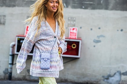 chanel bag, denim, Emili Sindlev, lila bag, lila cardigan, missoni knit, mules, oversize pants, pastel, printed cardigan, quilted bag, yellow pants, fashion week, frenchystyle, FW, jonathan paciullo, street style, MFW, MILAN, SPRING SUMMER 2022, SS 22, horizontal, atmosphere details, detail