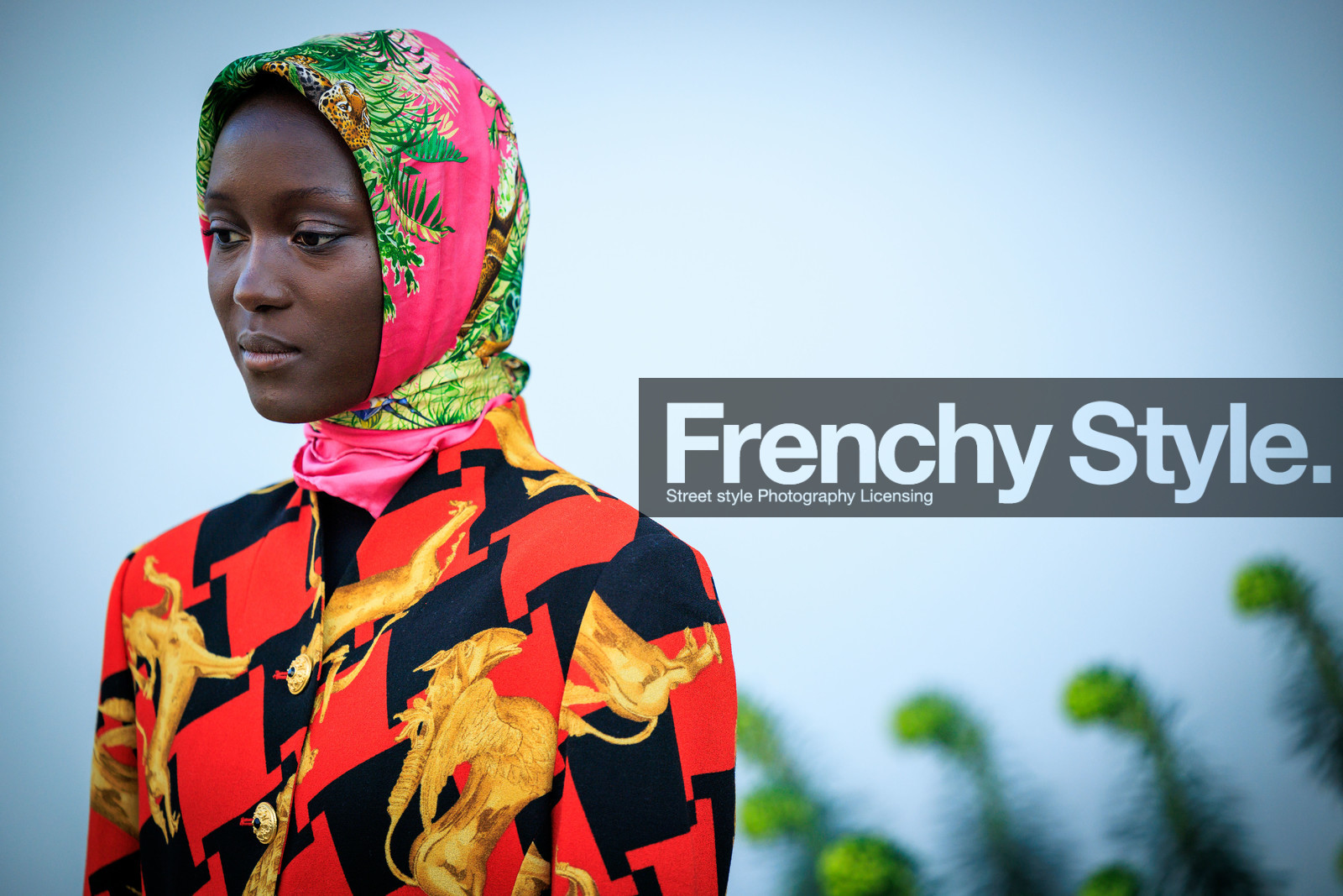 model, printed scarf, head scarf, multicolor scarf, blazer, animal motif, plaid blazer, close up, details, fashion week, frenchystyle, FW, jonathan paciullo, street style, PARIS, PFW, SPRING SUMMER 2022, SS 22, atmosphere details, detail, horizontal