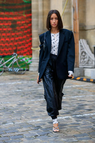 alexandra guerain, black jacket, black pants, marine serre top, white top, monogrammed top, tight top, jogging pants, marine serre pants, white pants, monogrammed pants, high heels sandals, multi straps sandals, strassed stap sandals, fashion week, frenchystyle, FW, jonathan paciullo, street style, PFW, PARIS, SPRING SUMMER 2020, SS 20, horizontal, full length